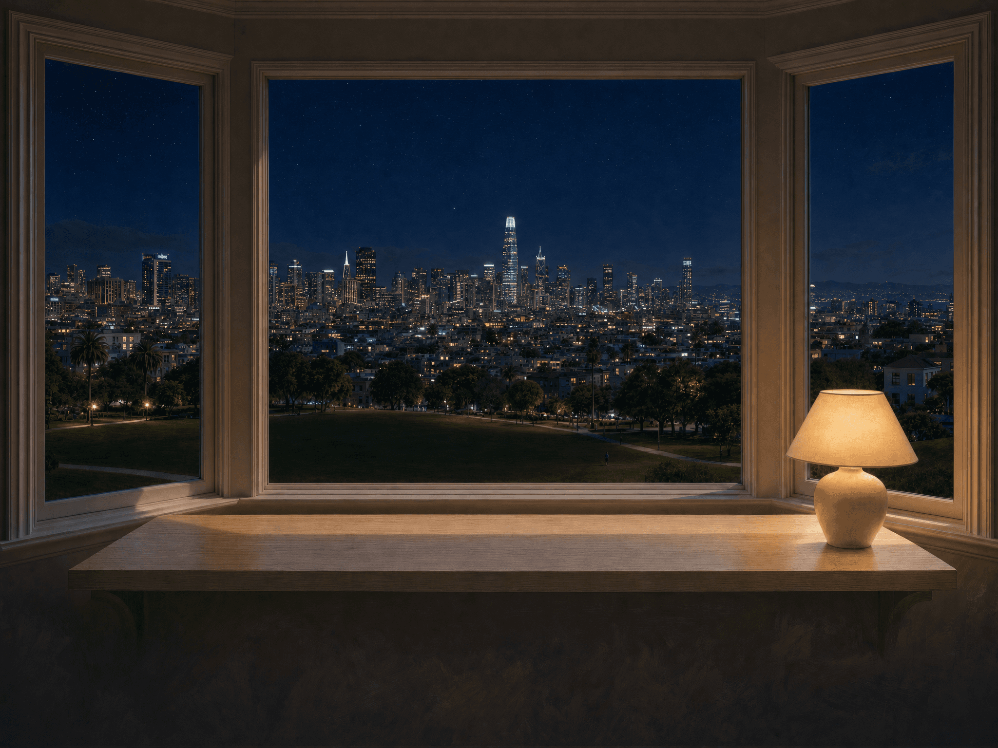 San Francisco bay window overlooking Dolores Park and the skyline