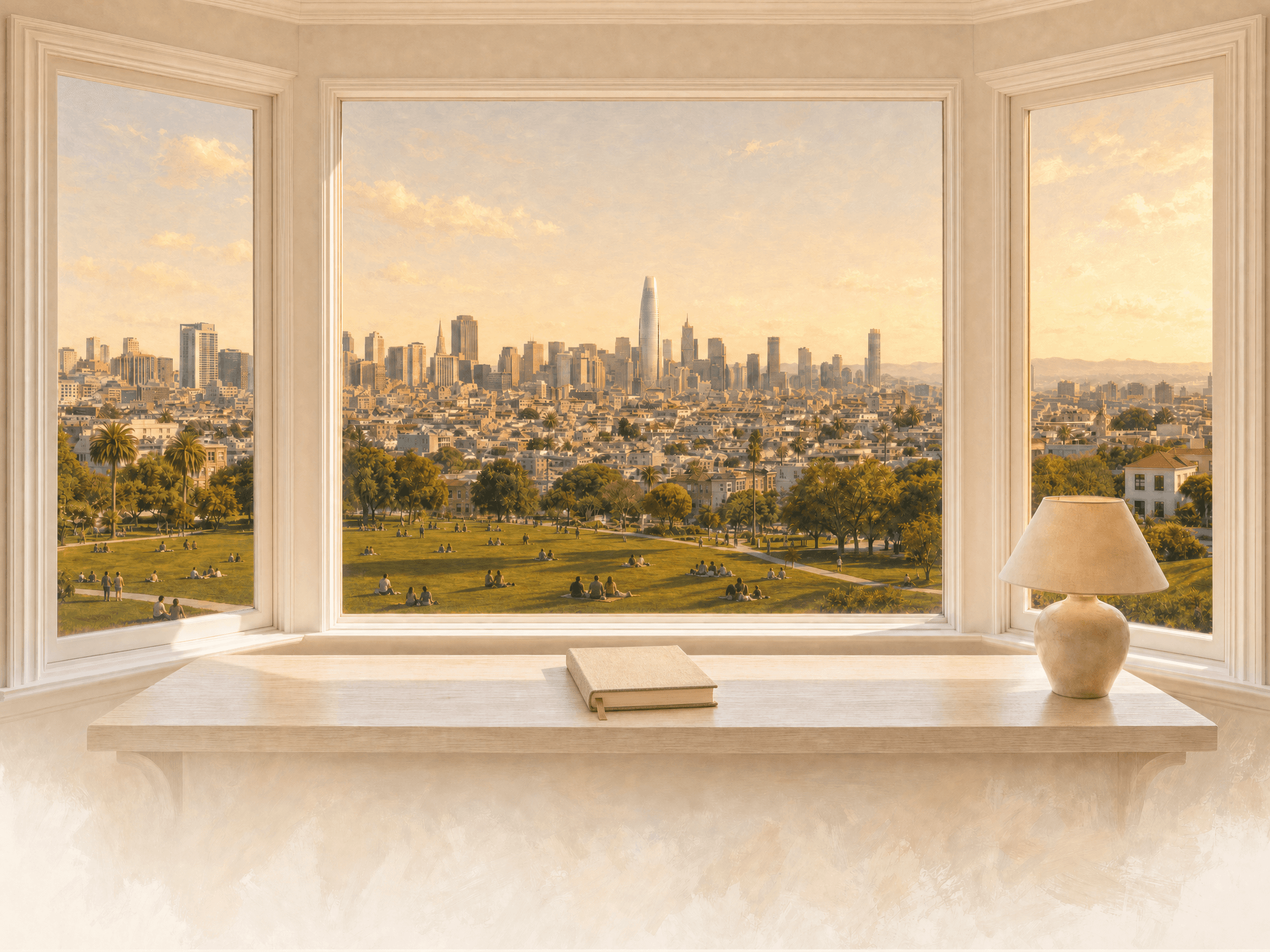 San Francisco bay window overlooking Dolores Park and the skyline