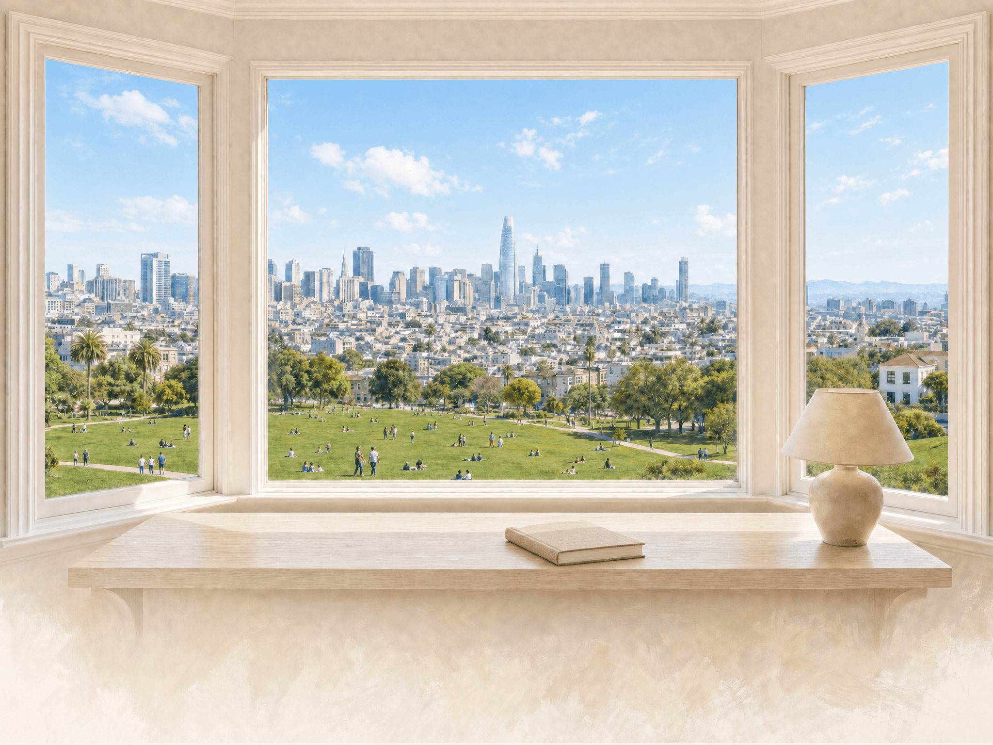 San Francisco bay window overlooking Dolores Park and the skyline