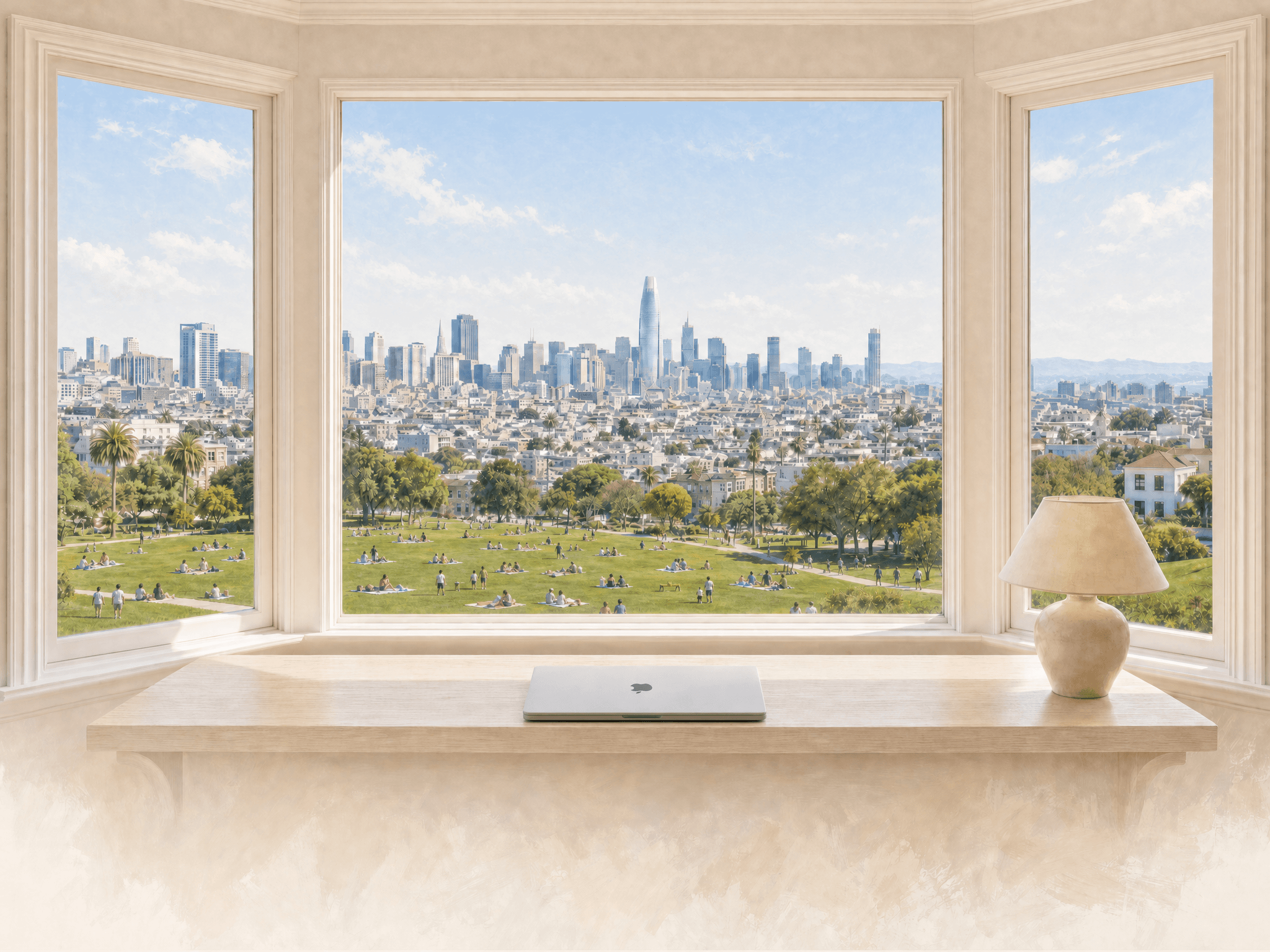 San Francisco bay window overlooking Dolores Park and the skyline