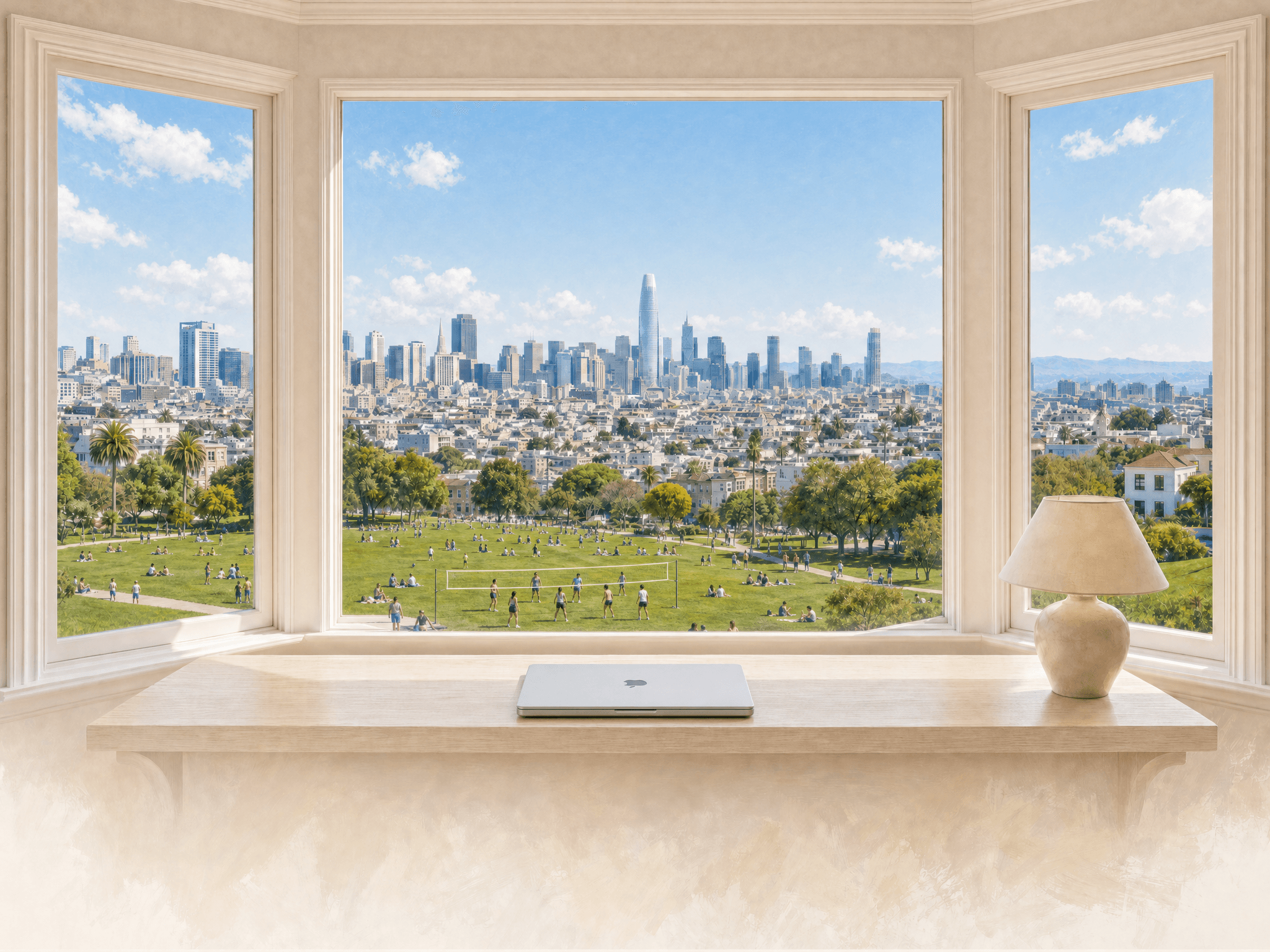 San Francisco bay window overlooking Dolores Park and the skyline