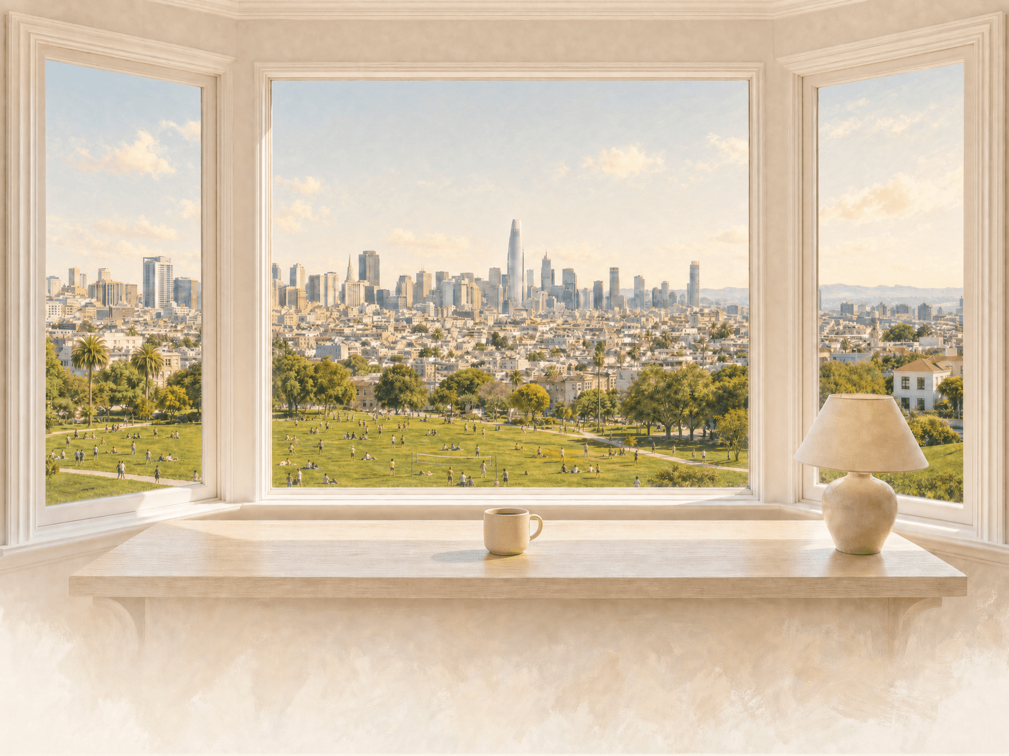San Francisco bay window overlooking Dolores Park and the skyline