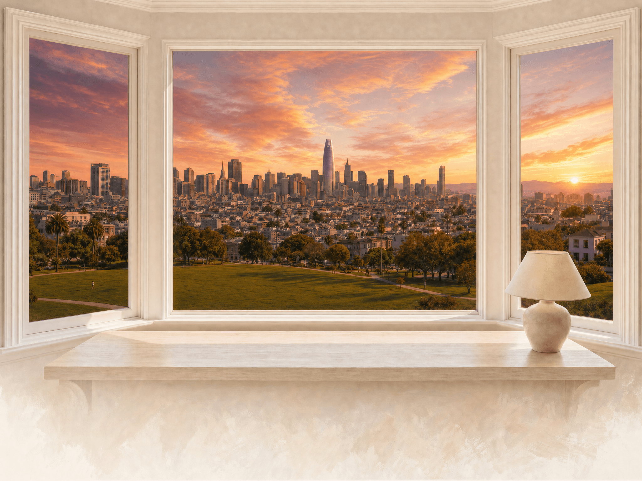San Francisco bay window overlooking Dolores Park and the skyline
